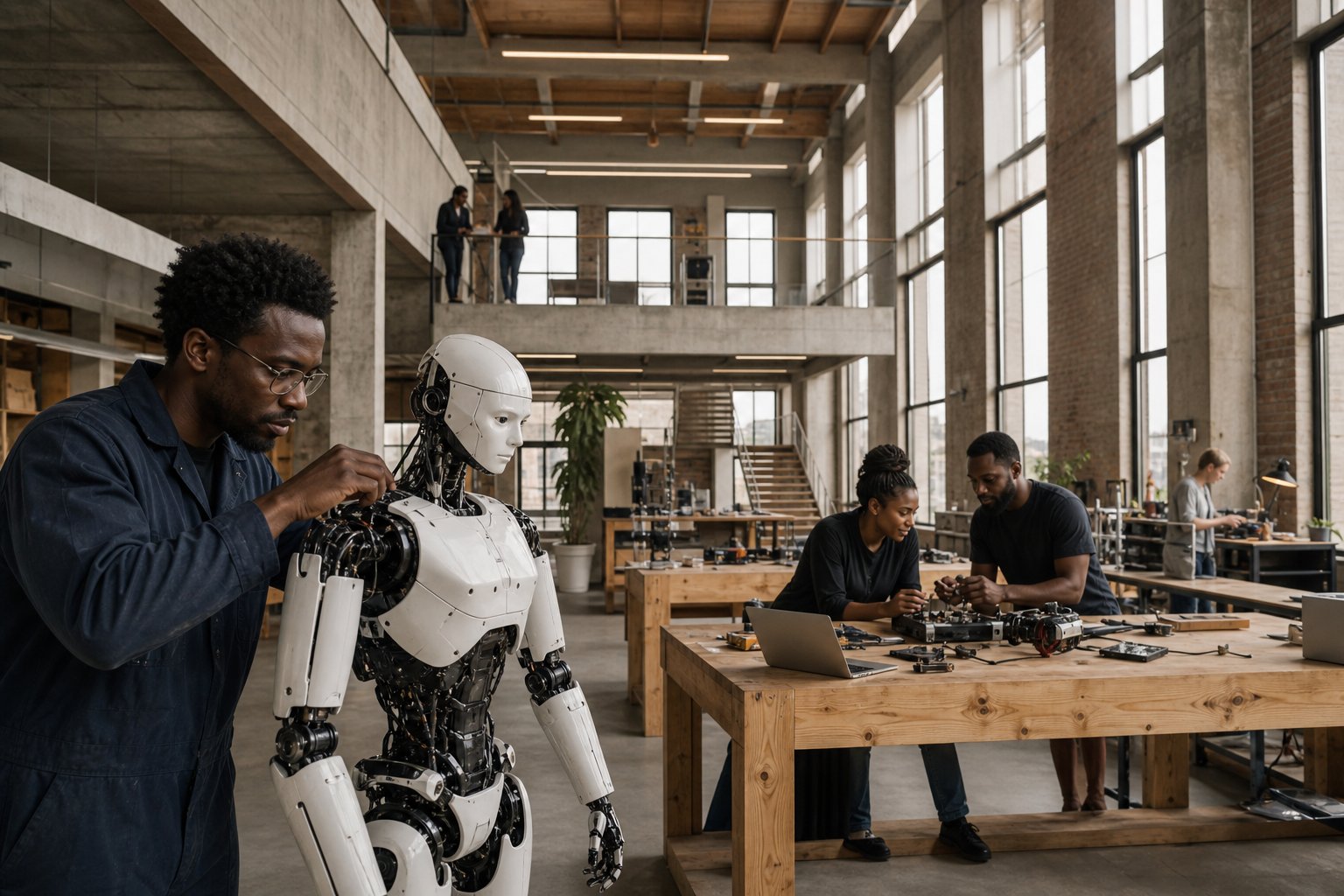 Robotics floor with humanoid and people working